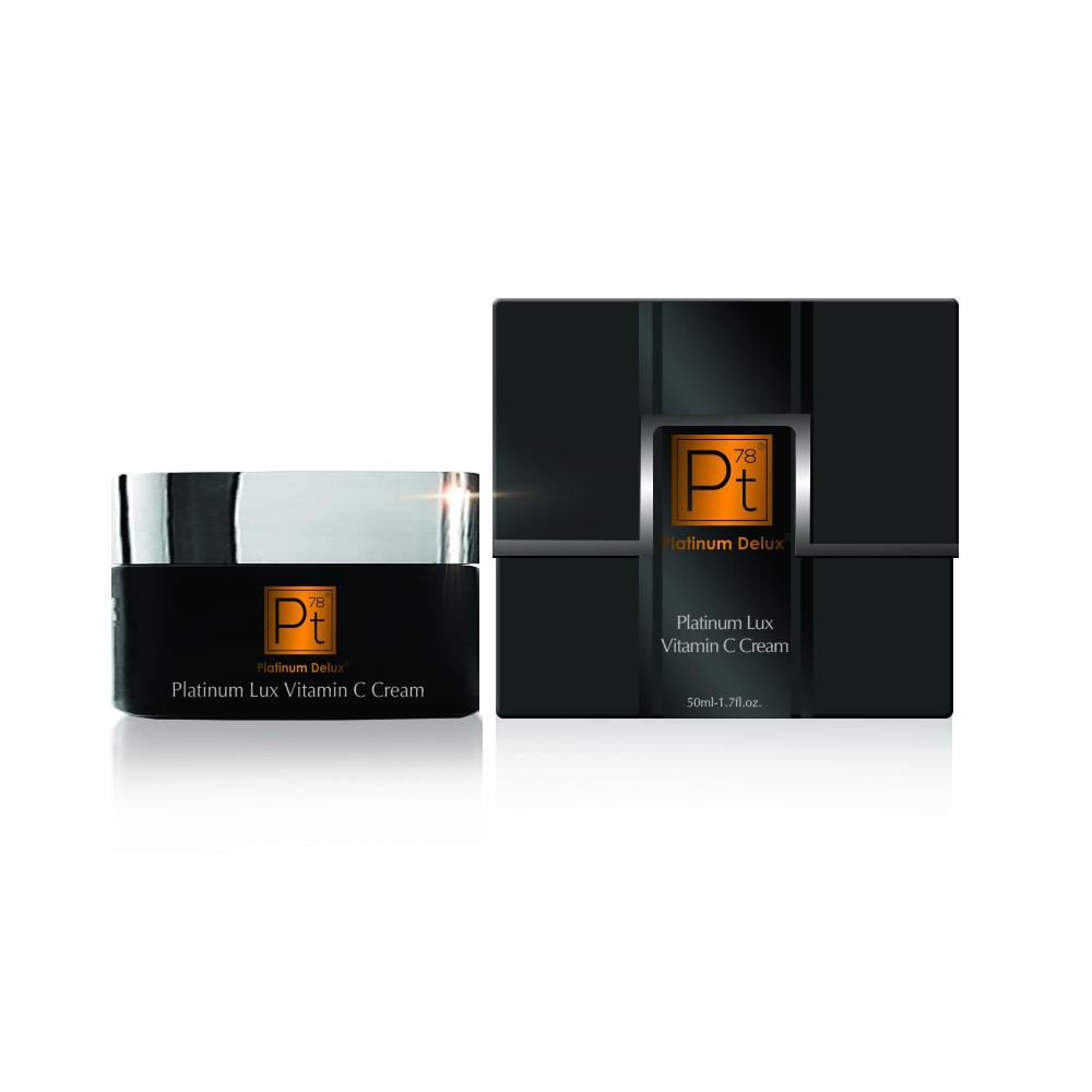 Image of the Platinum Lux Vitamin C Cream with the bottle and pack side by side.