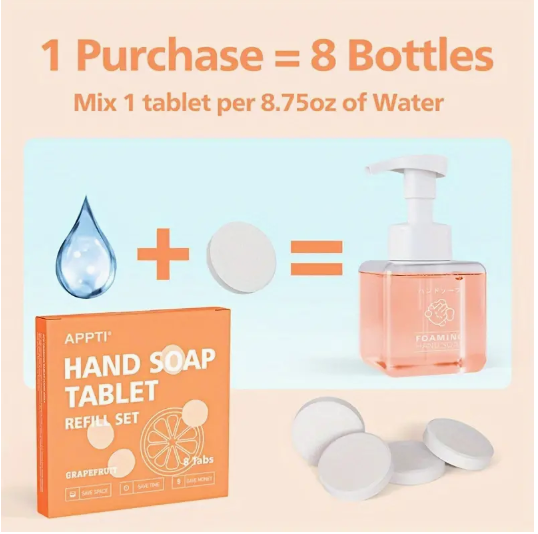 8 Pack Foaming Hand Soap Tablet, Grapefruit Scents