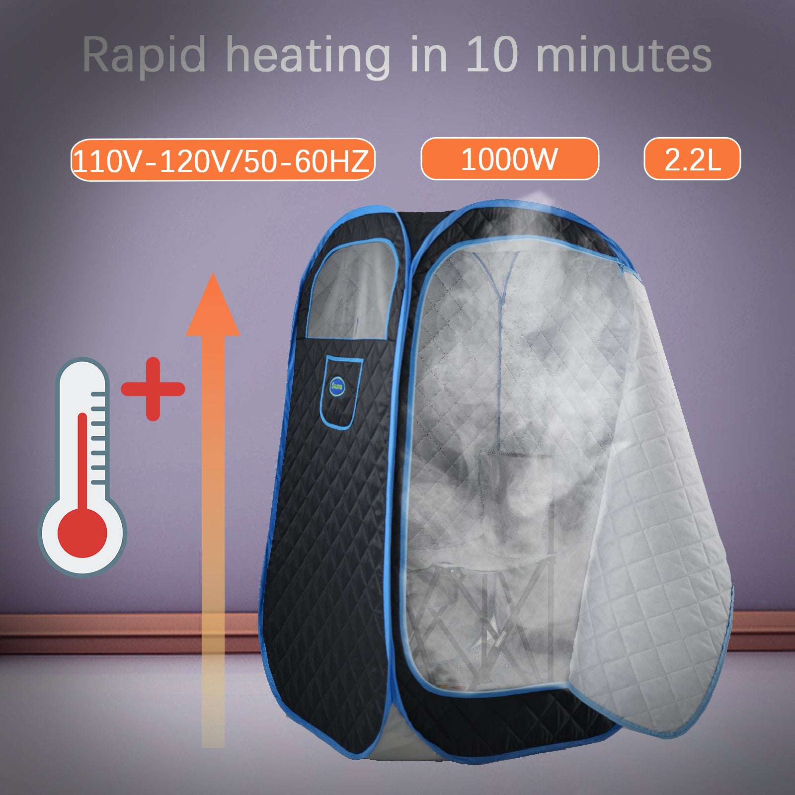 Image showing the features of the Portable Folding Full size Steam Sauna with 1000W&2.2L steam Generator.