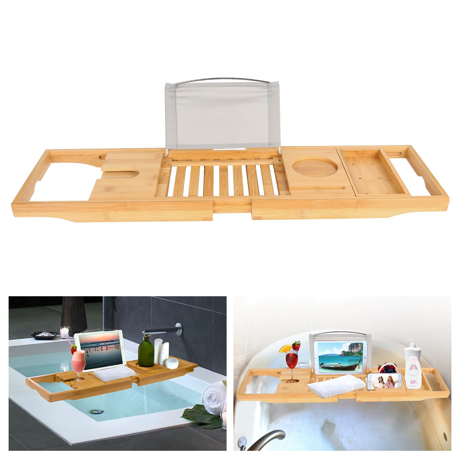 Extendable Bamboo Bathtub Caddy - Reading Rack & Device Holder Included