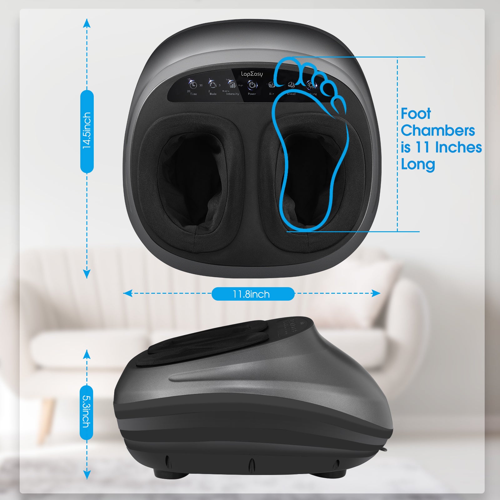 Image showing the dimensions of various sections in the Foot Massager Machine with Heat