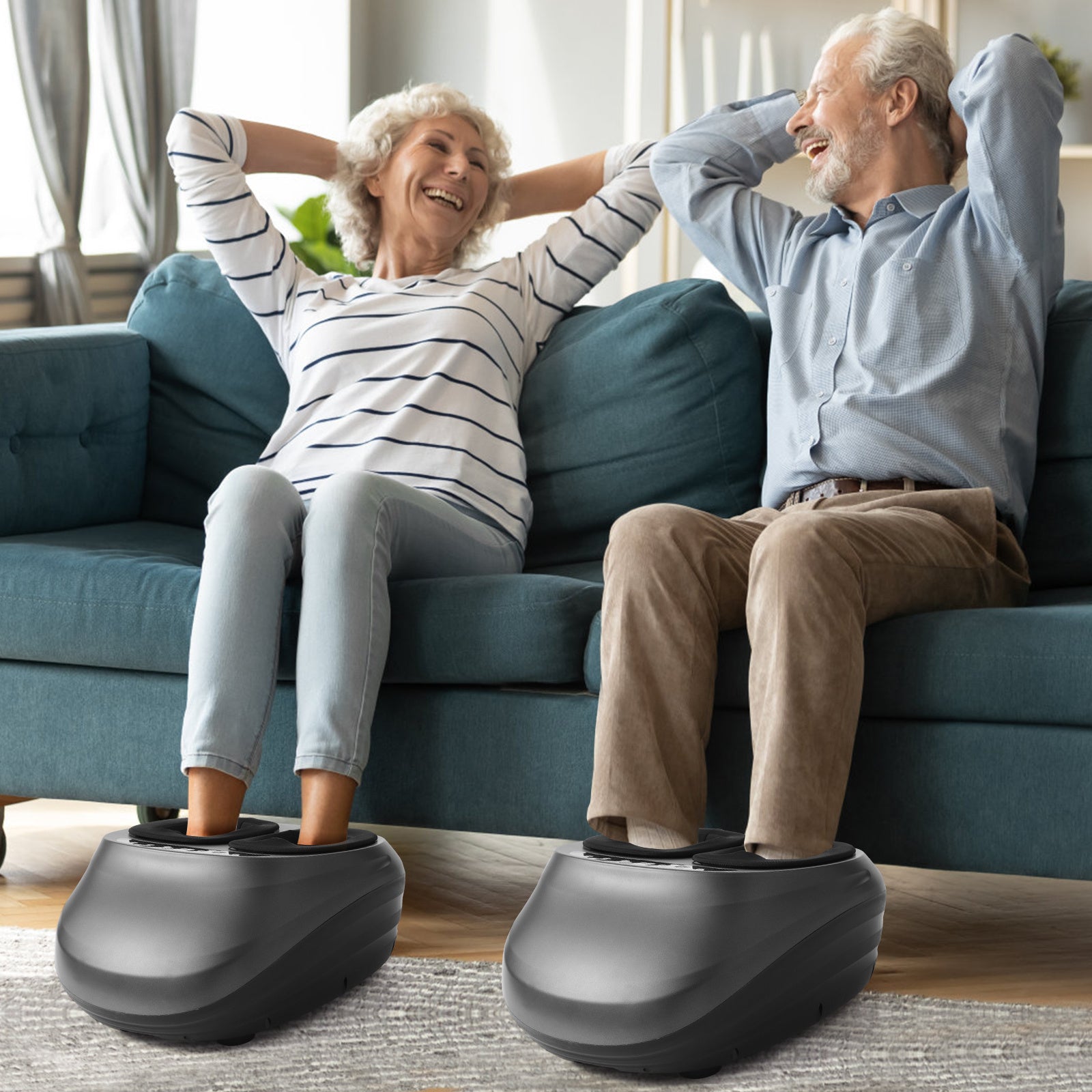 Image showing a couple enjoying the Foot Massager Machine with Heat. 