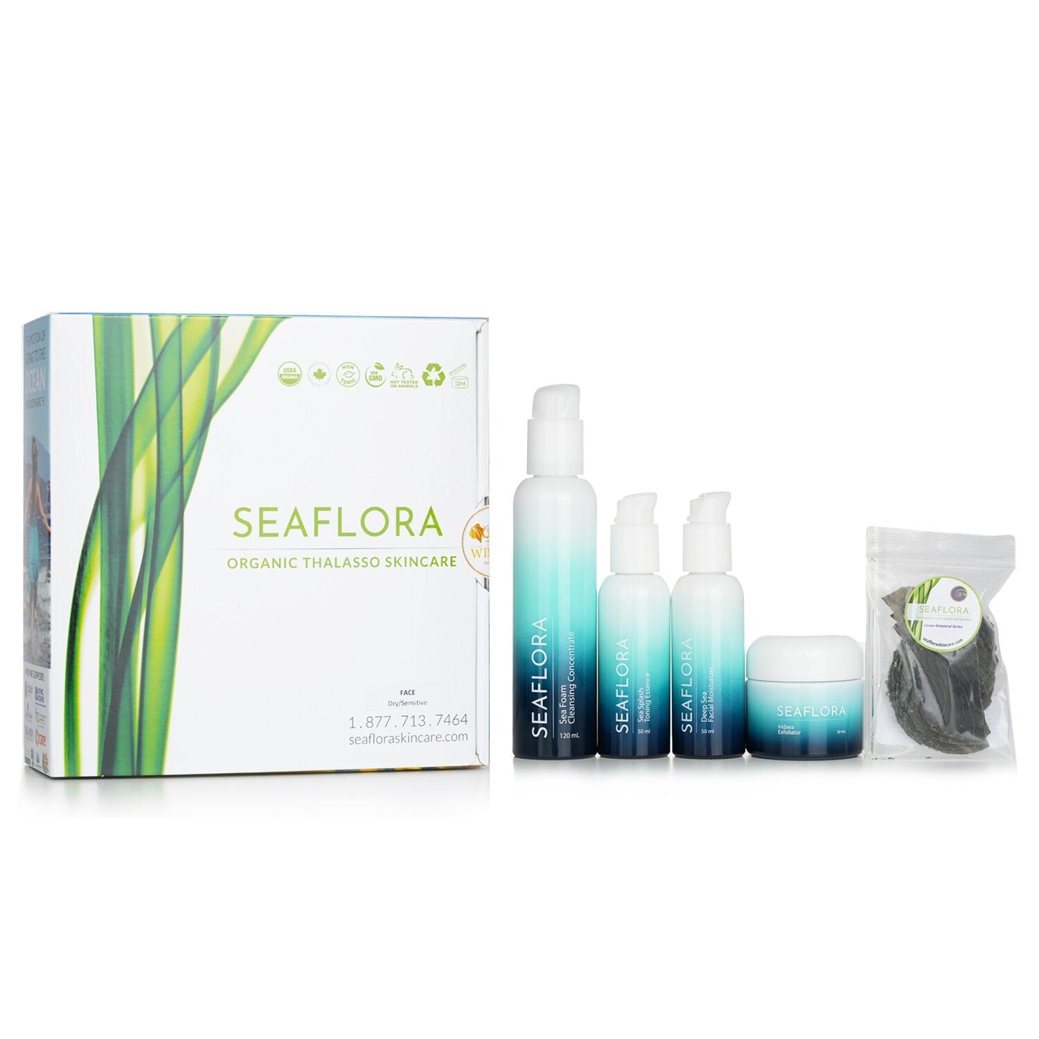 SEAFLORA Organic Thalasso Skincare Set: Cleansing, Essence, Exfoliator, Moisturizer, Eye Mask