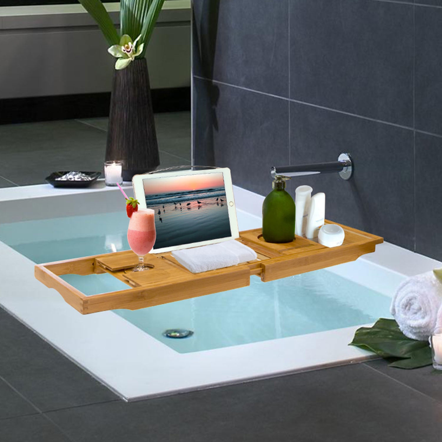Extendable Bamboo Bathtub Caddy - Reading Rack & Device Holder Included
