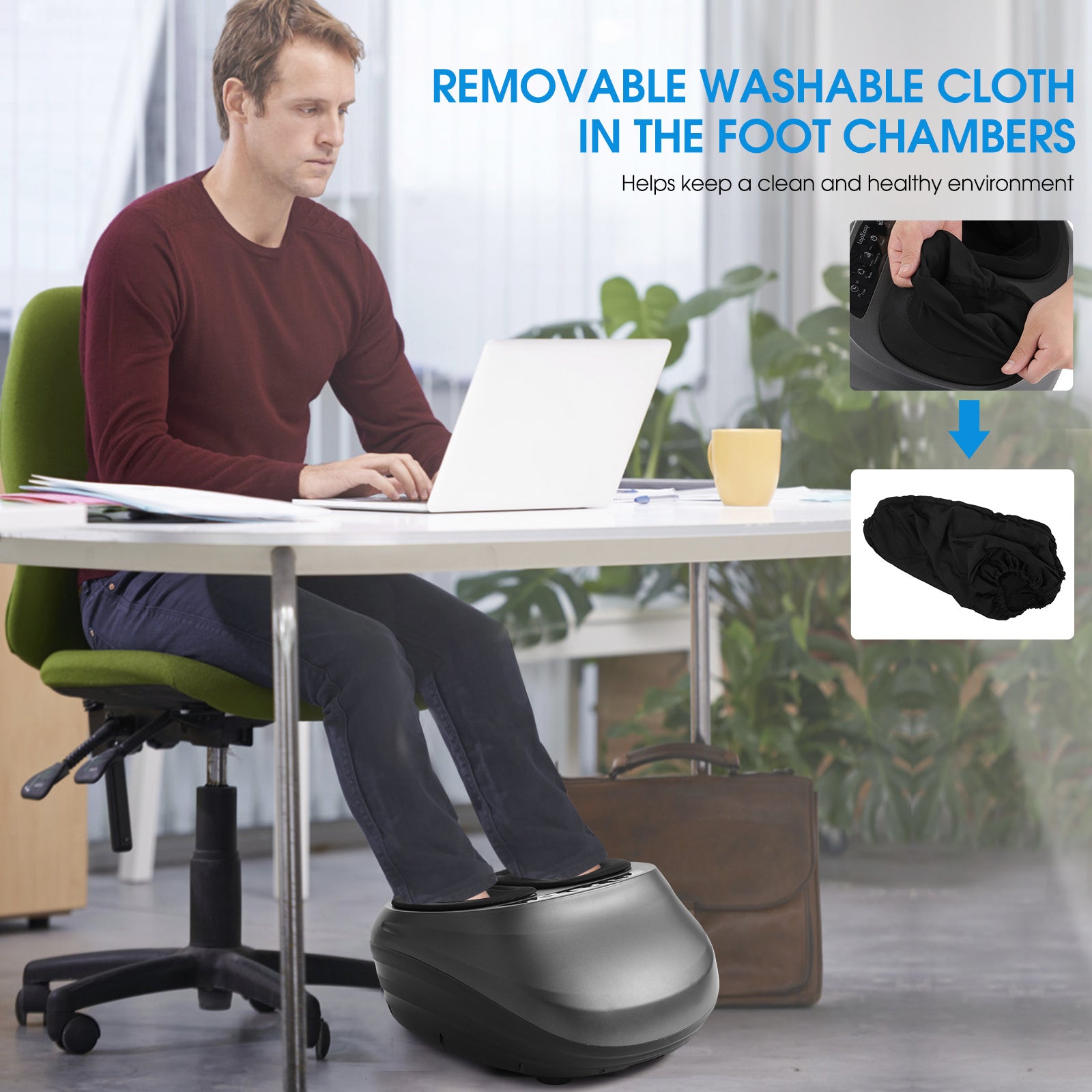 Image showing the removable washable cloth in the foot chamber of the Foot Massager Machine with Heat.