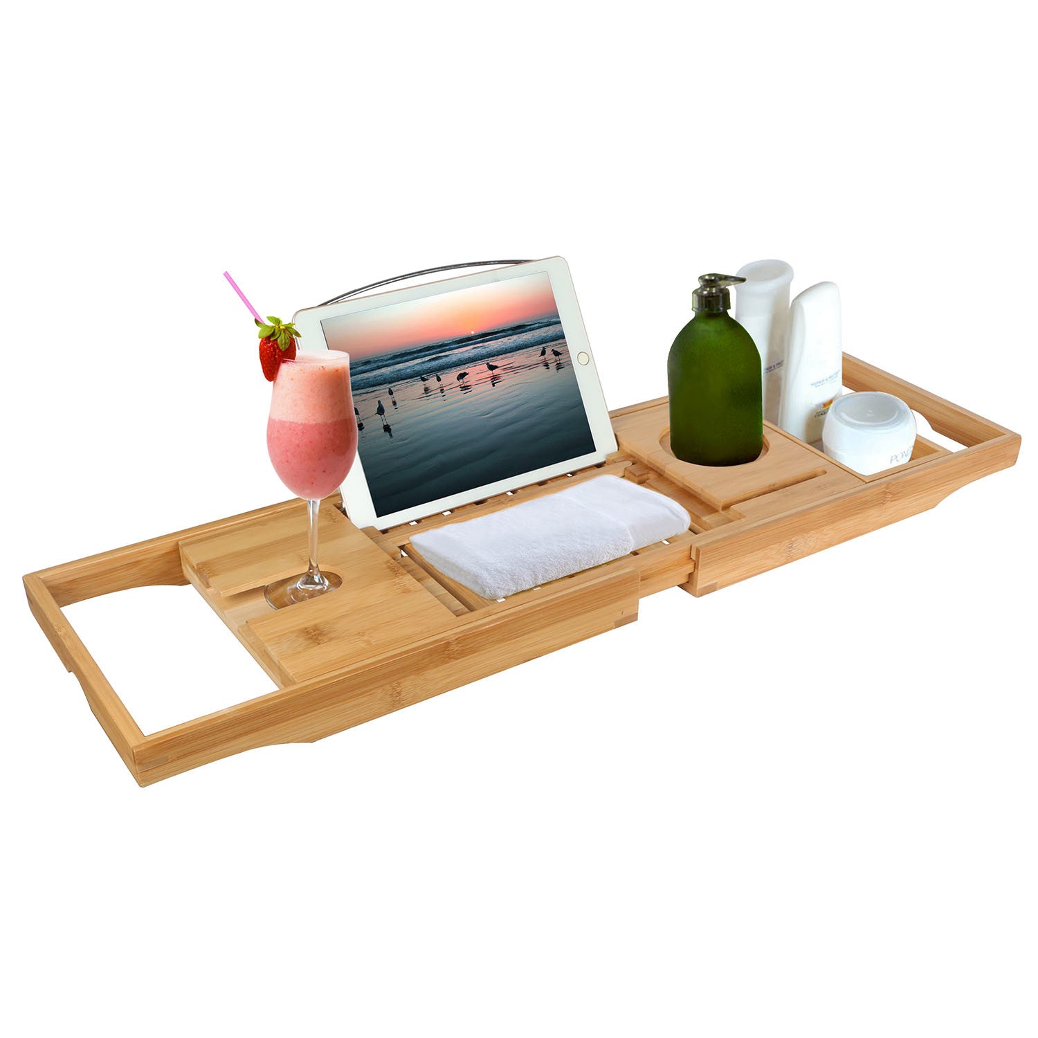 Extendable Bamboo Bathtub Caddy - Reading Rack & Device Holder Included