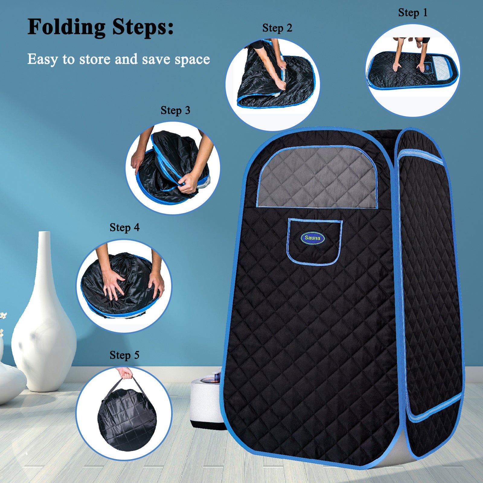 Image showing how to fold the Portable Folding Full size Steam Sauna with 1000W&2.2L steam Generator.