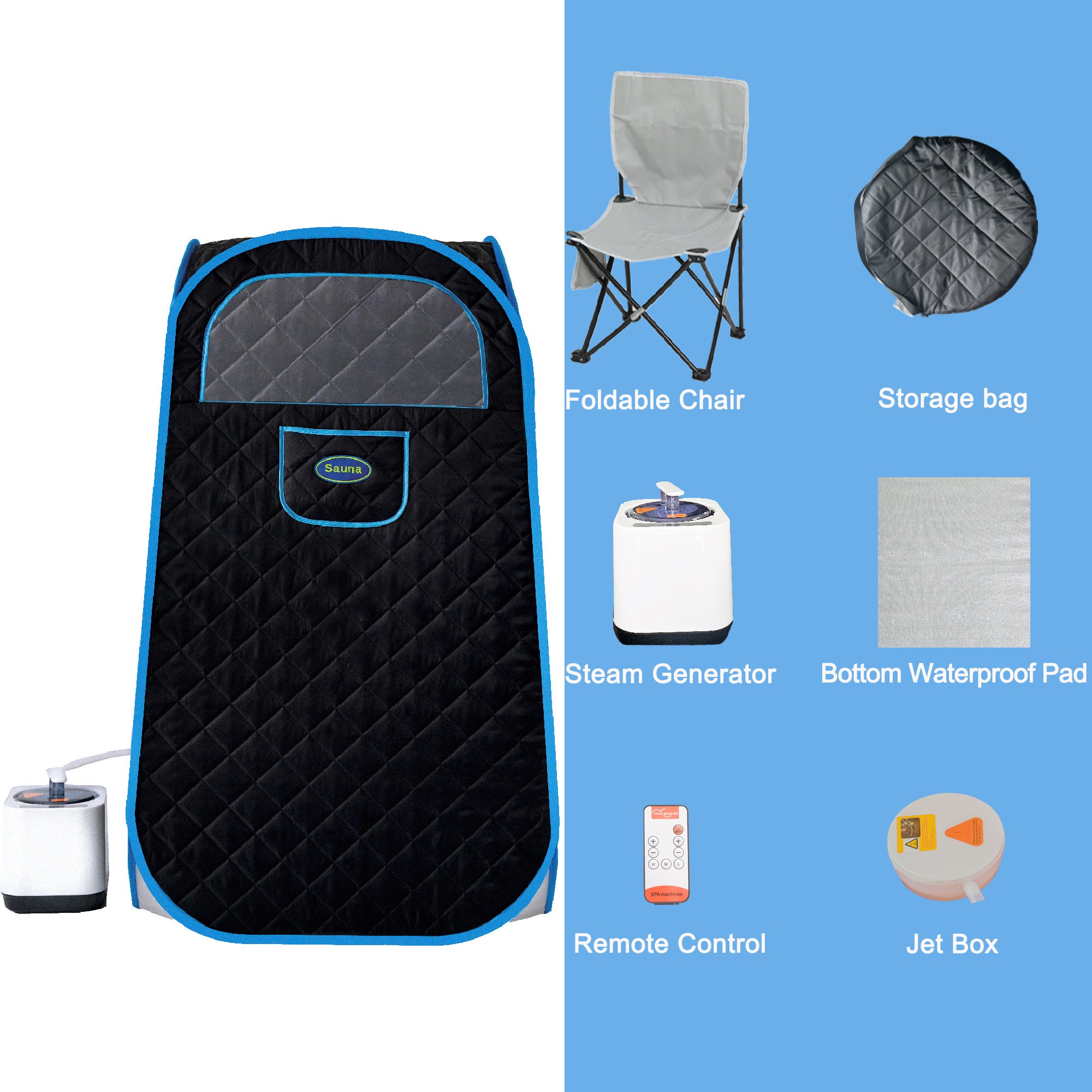Image showing items that can fit into the Portable Folding Full size Steam Sauna with 1000W&2.2L steam Generator.
