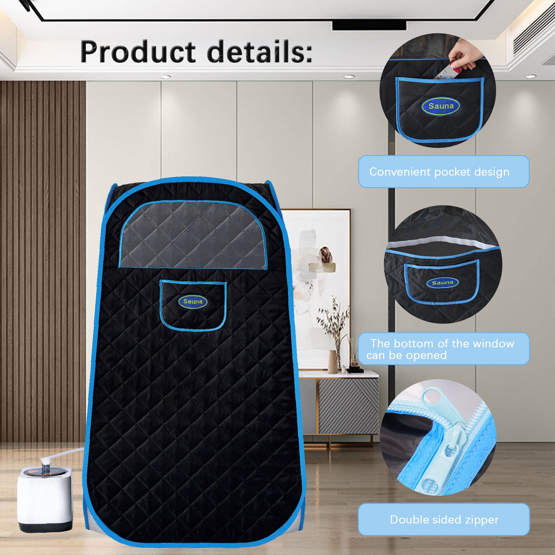 Image showing the details of the Portable Folding Full size Steam Sauna with 1000W&2.2L steam Generator.