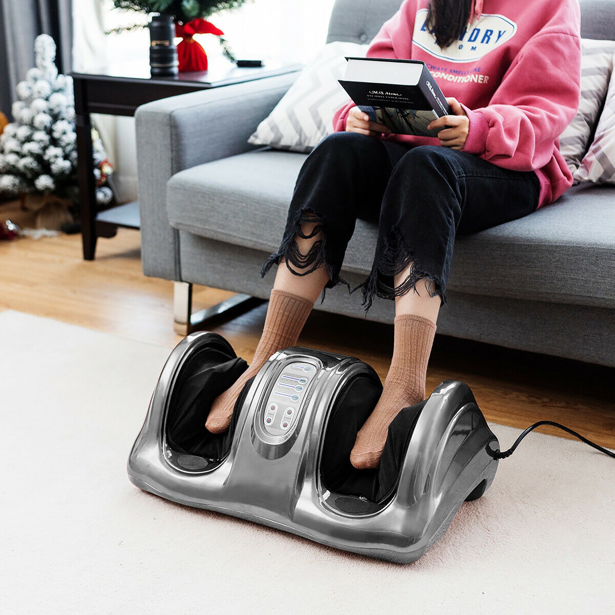 Gray Shiatsu Foot Massager with Kneading, Rolling, and Remote Control