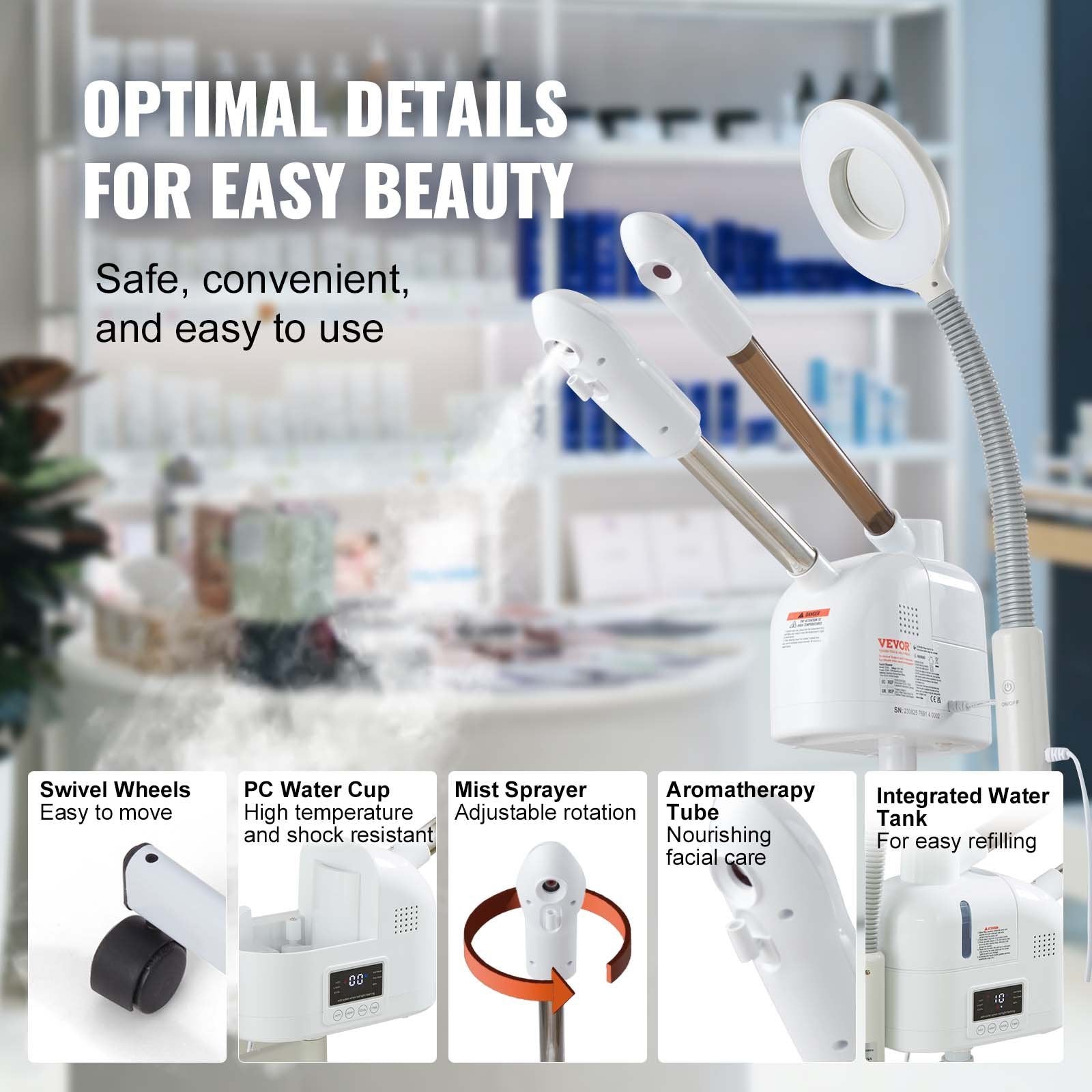 VEVOR Professional Facial Steamer - Ozone Mist, Nano Ionic, Portable for Home Spa and Beauty Salon