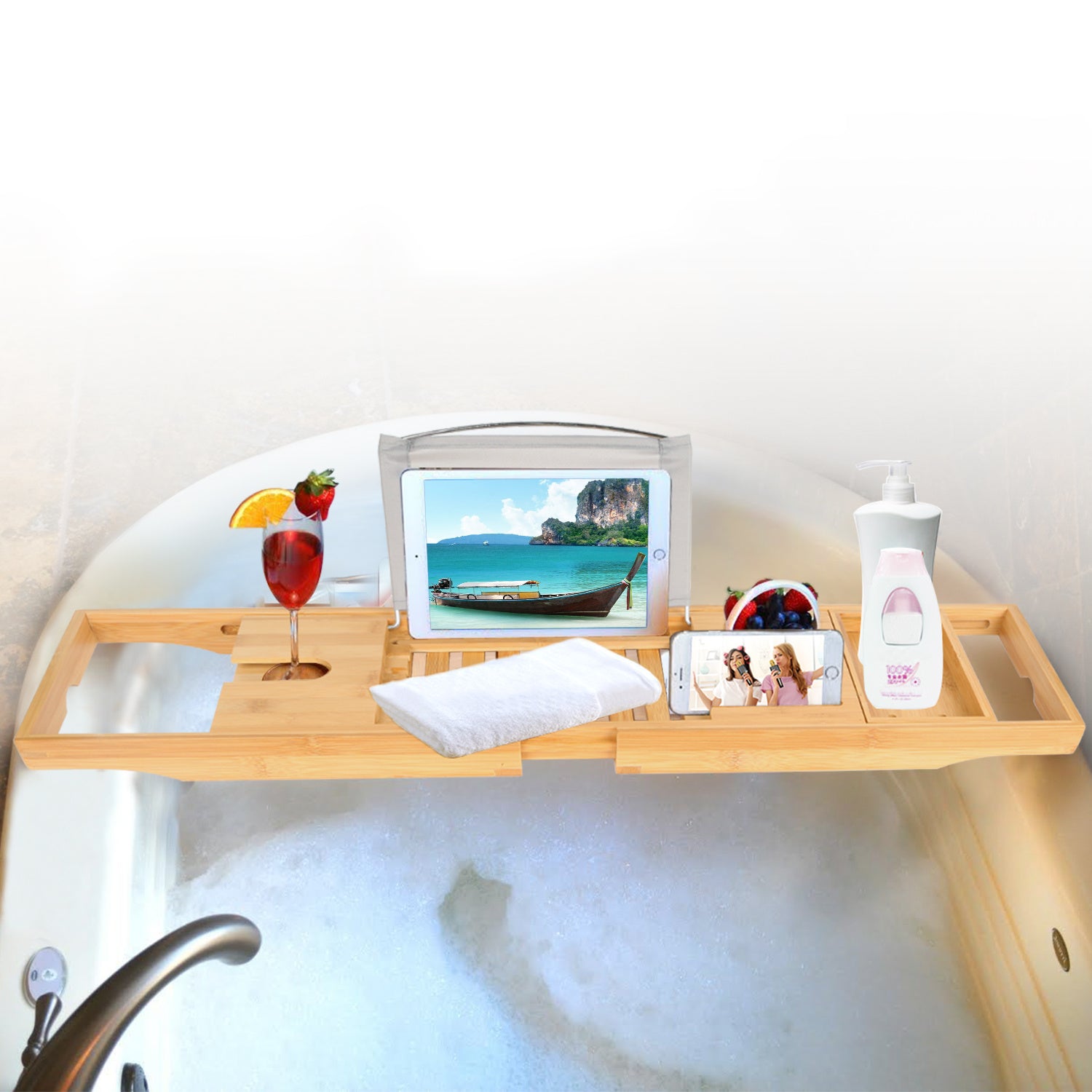 Extendable Bamboo Bathtub Caddy - Reading Rack & Device Holder Included